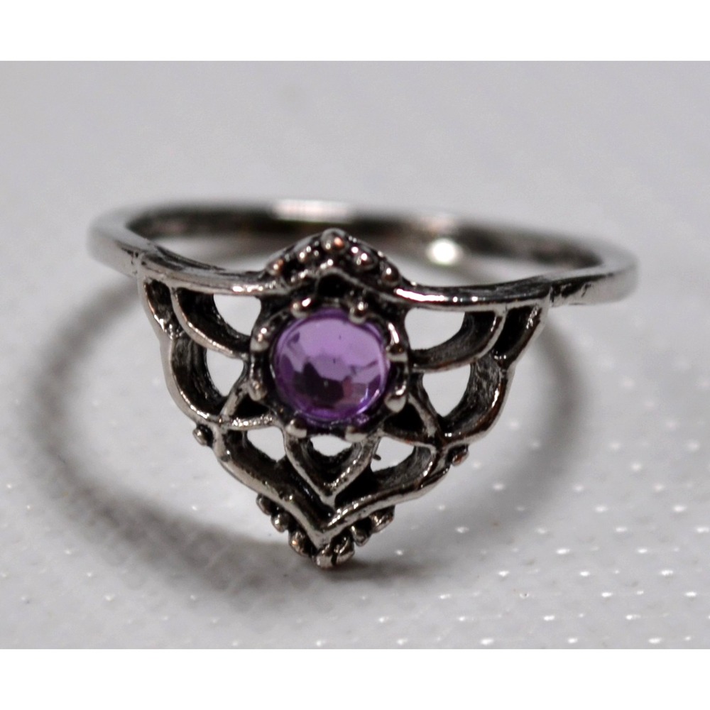 Silver Tone Ring Size 6.5 w/ Purple Rhinestone Setting Half Filigree Thin Band